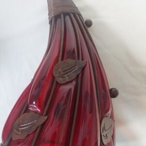 Unique Red Glass Vase Sculptural Metal Wire Wrapped Art Decor vtg horn of plenty